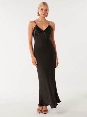 House of Harlow 1960 Black Satin Sequin
Bodice Midi Slip Dress